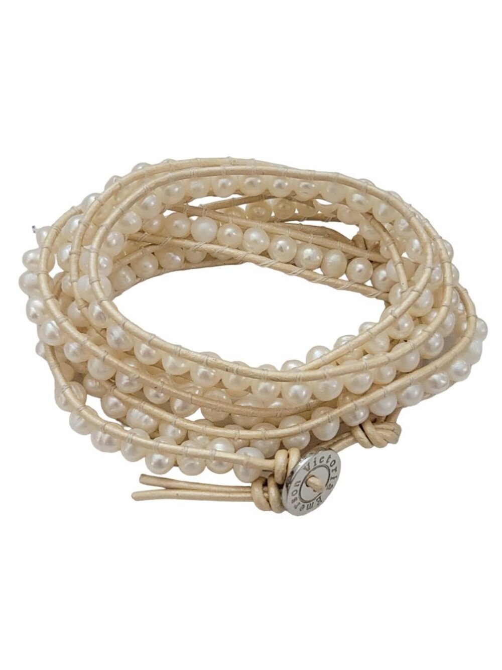 Victoria Emerson White Leather and Pearls Wrap Bracelet, 36" Long K338